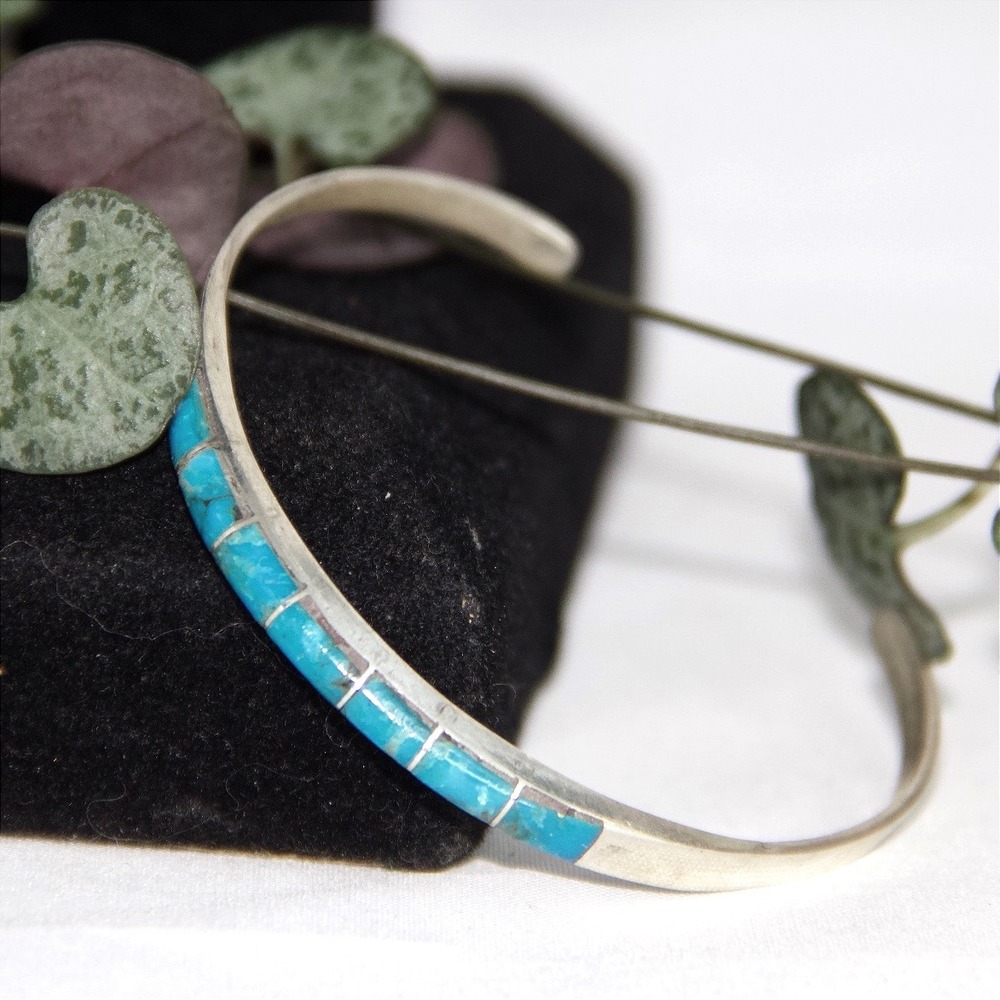 Roderick Kaskalla Zuni Sterling Silver Turquoise Inlay Cuff Bracelet Boho 6-6.75